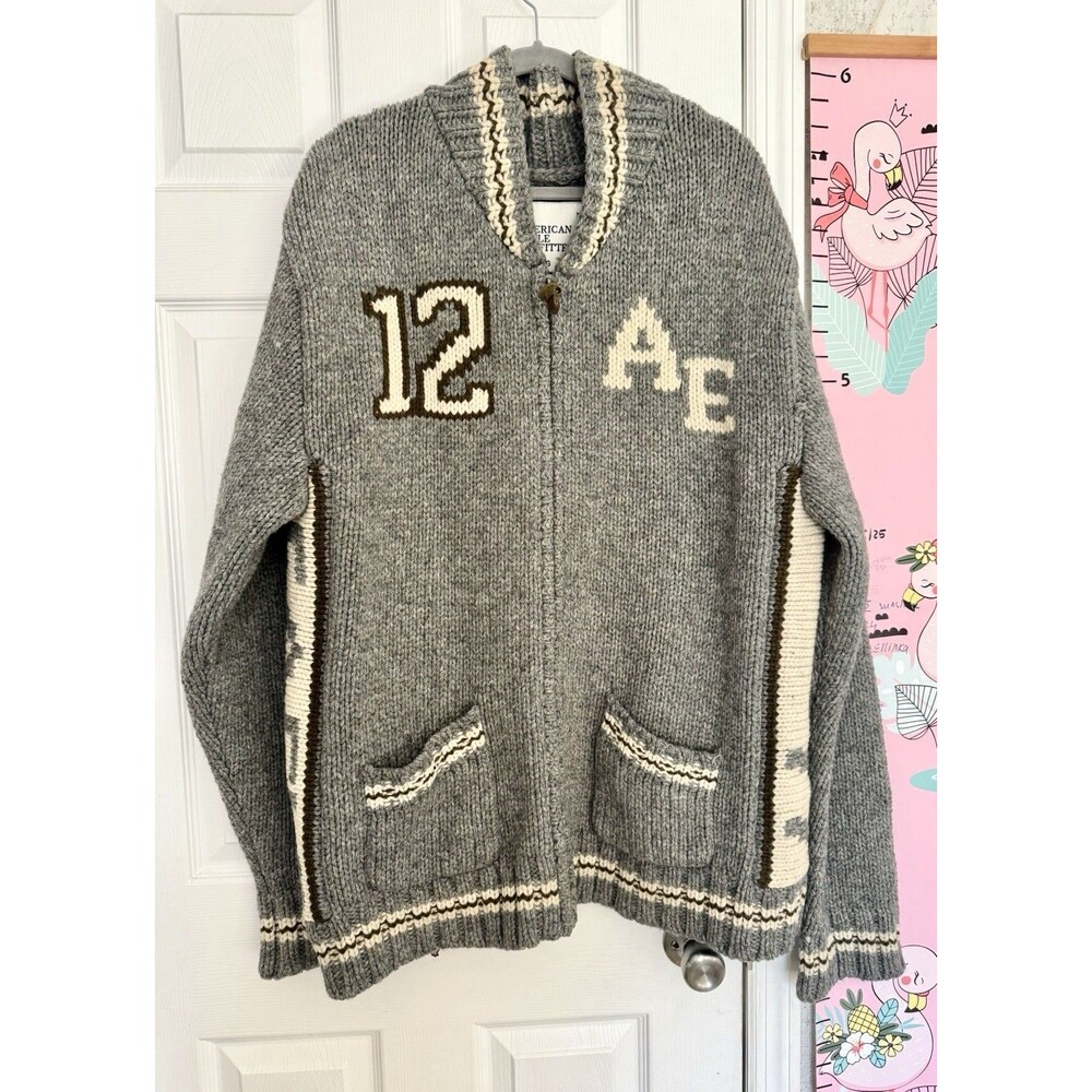 American Eagle Mens Chunky 100% Wool Letterman’s 1977 Cardigan Fully Zipped XXL